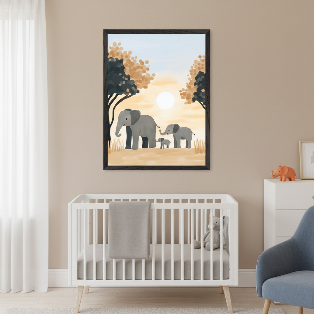Modern nursery with a white crib, dresser, and blue armchair. A black-framed print of three gray elephants walking at sunset, in an illustrative style, hangs centered above the crib.