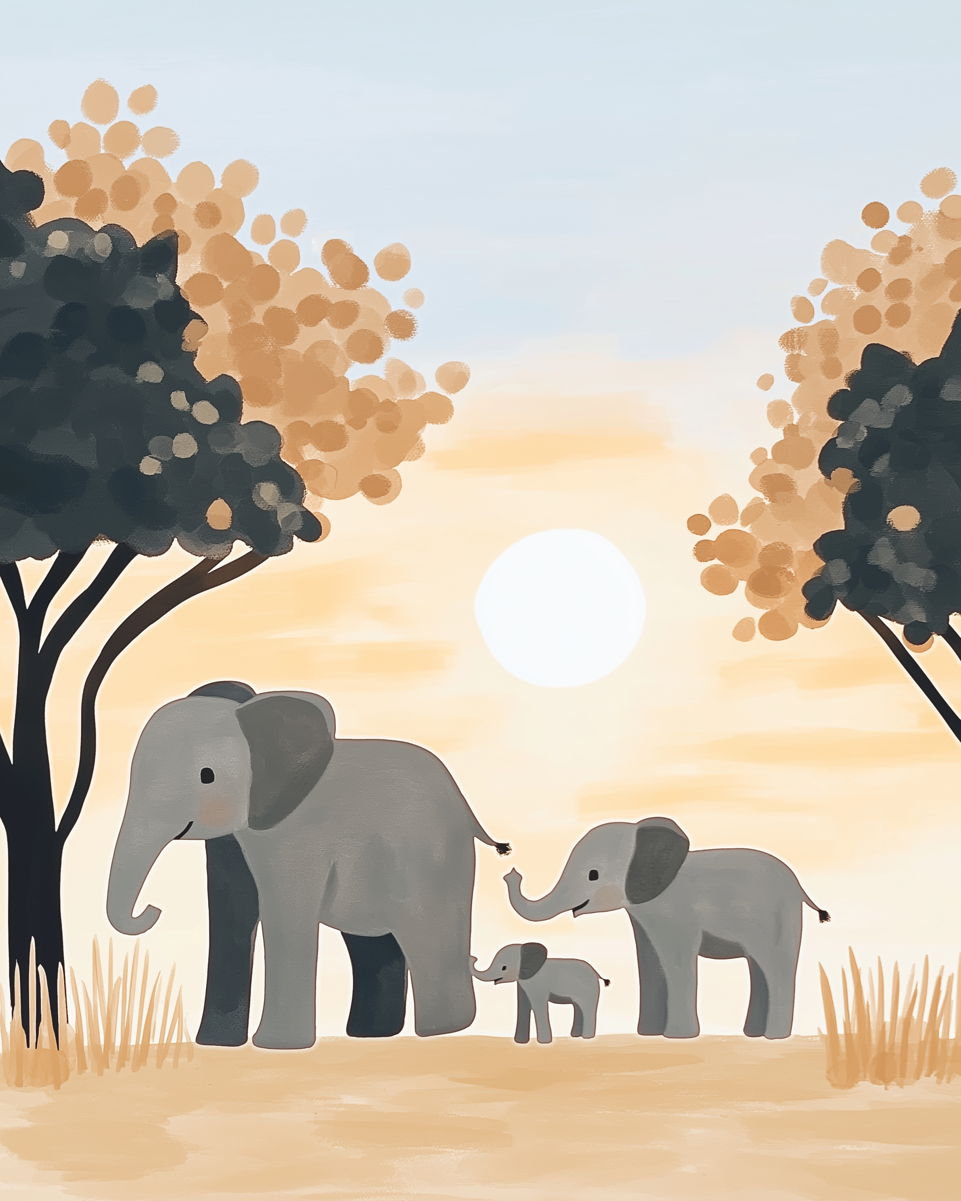 Elephant Wall Art for Nursery, Playroom or Kids Bedrooms - Soft Watercolor Safari Family Sunset Decor - Elephant Family