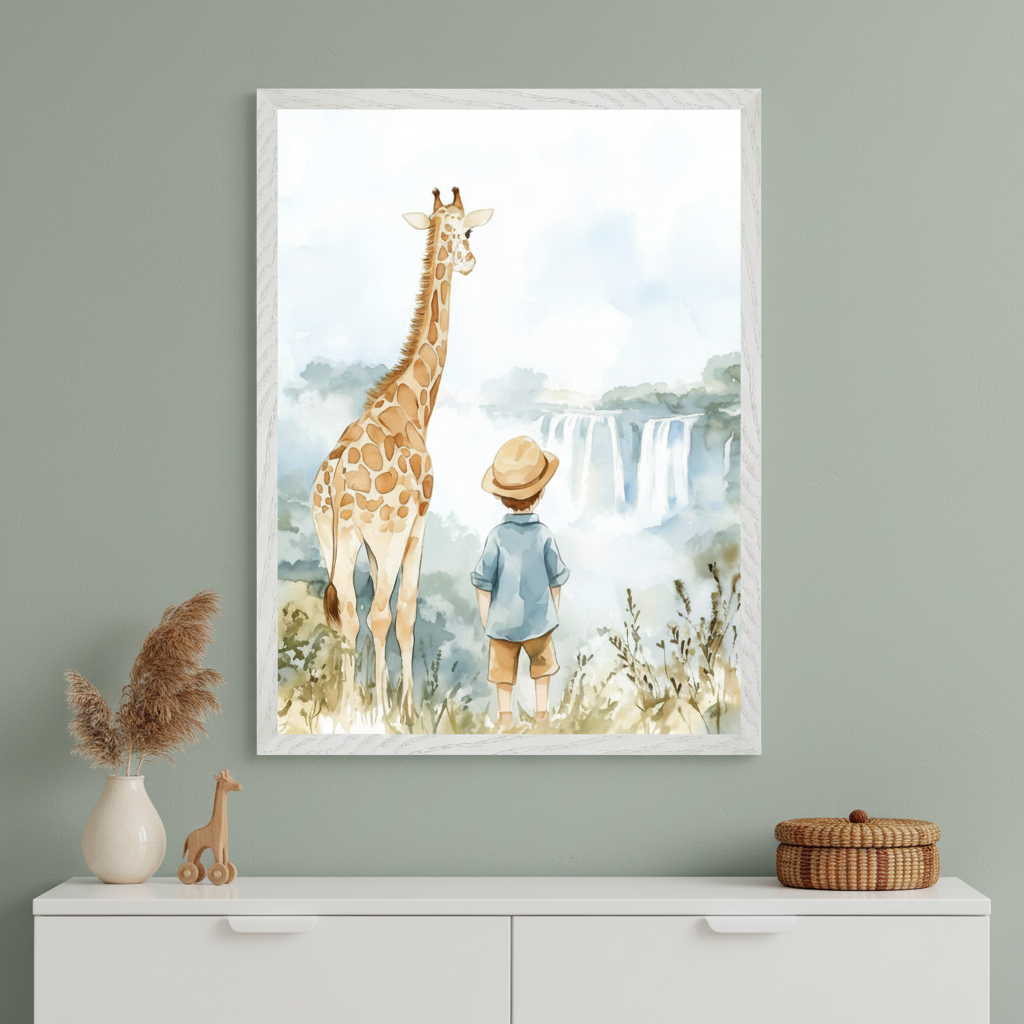 Modern sage green room with a white dresser. A large framed watercolor print of a giraffe and a boy looking at a waterfall hangs centered above the dresser. A vase with dried grass and wooden giraffe toy sit left, a woven basket right.