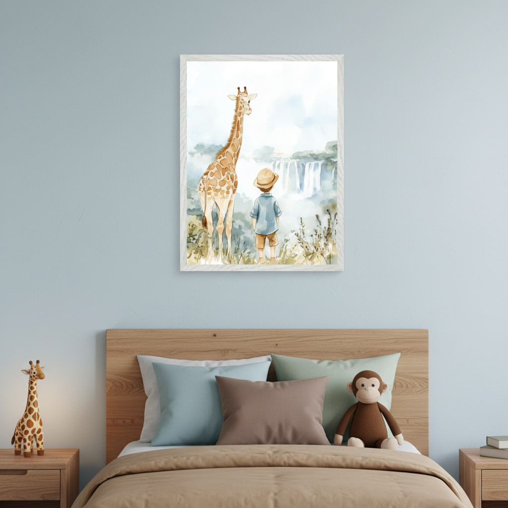 Kid's bedroom with a wooden bed and light brown bedding. Centered above the bed hangs a framed watercolor painting depicting a boy and a giraffe looking at distant waterfalls. A giraffe figurine is on the left nightstand.