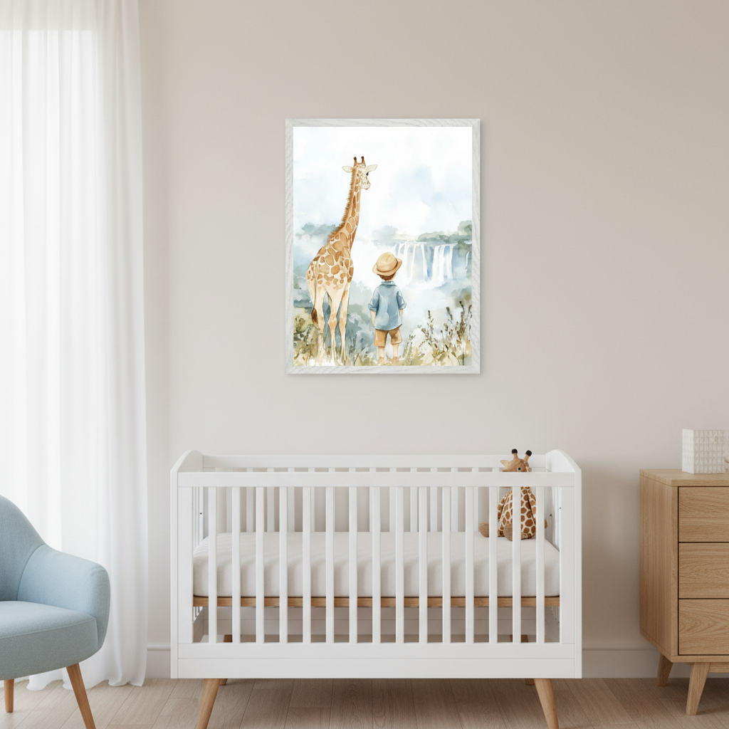 Modern nursery with a white crib, light blue armchair, and wooden dresser. A framed watercolor print showing a boy and a giraffe looking at a waterfall hangs above the crib.