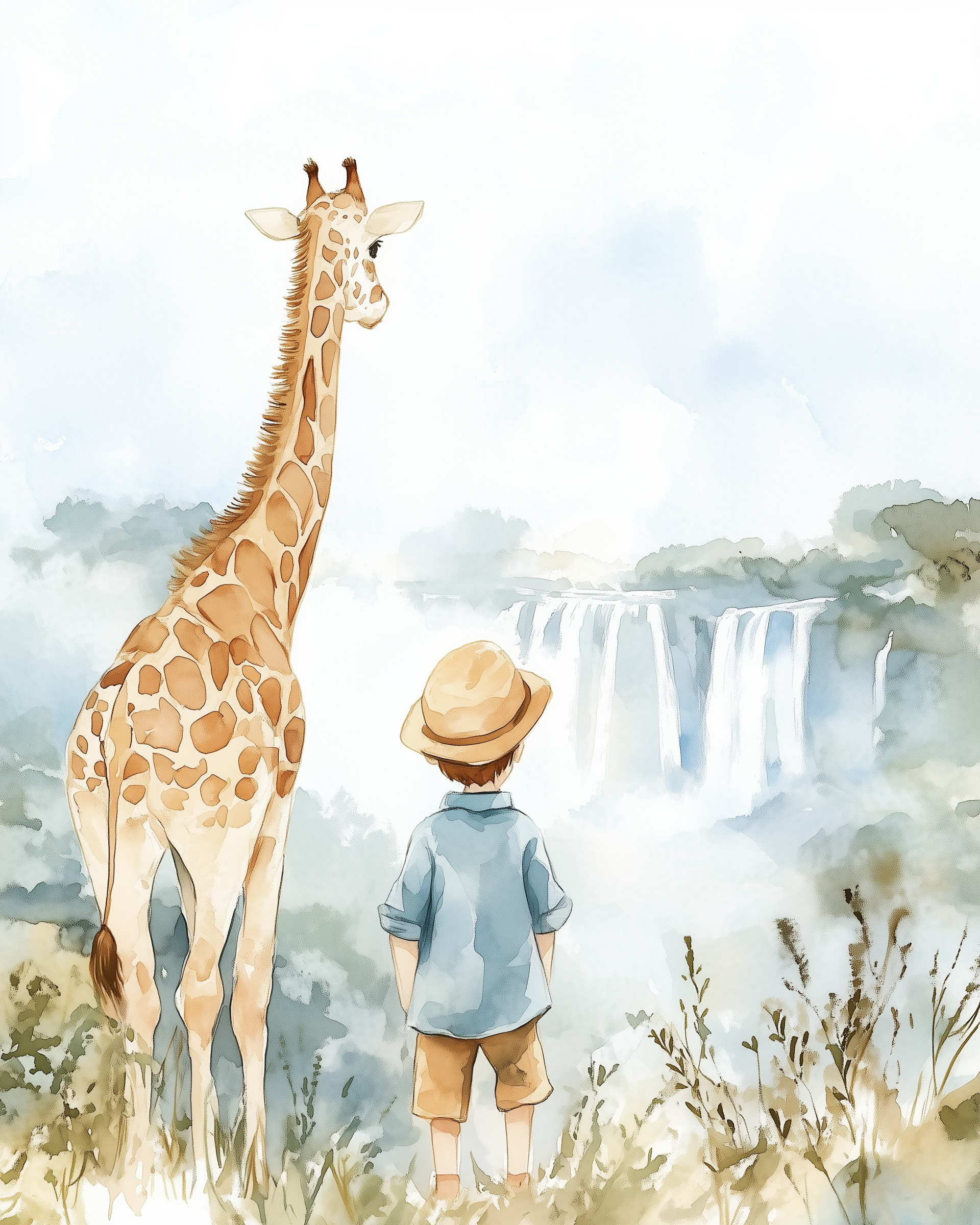 Travel Giraffe Adventure Wall Art for Nursery, Playroom or Kids Bedrooms - Soft Watercolor Safari Adventure Decor - Tall View