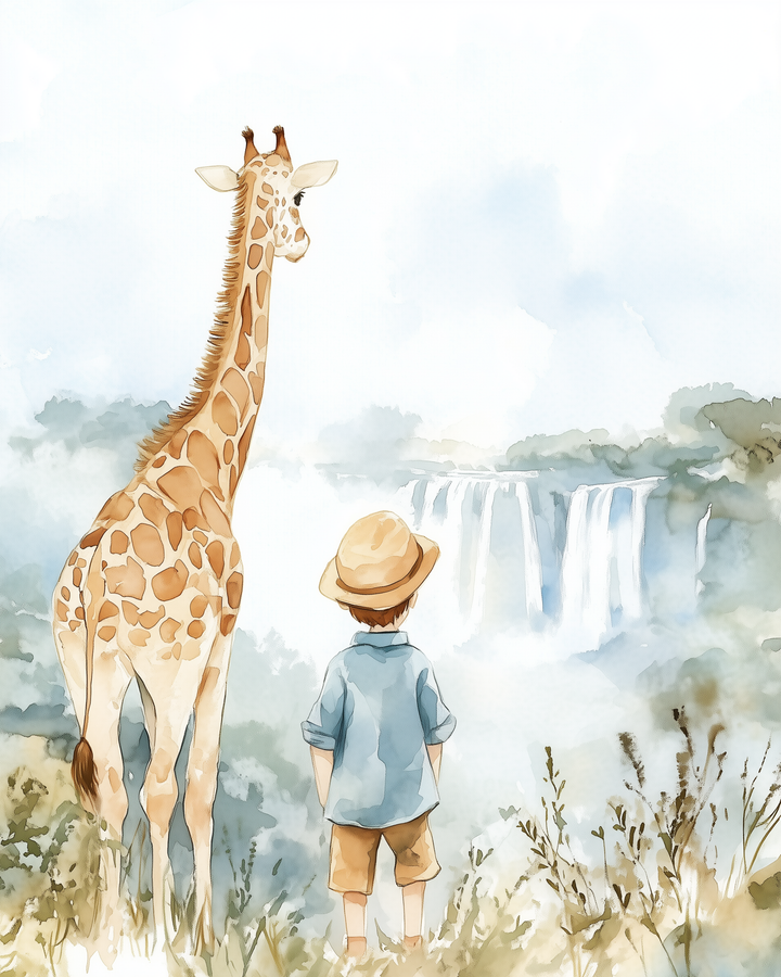 A young boy in a sunhat and rolled-up shirt stands next to a giraffe, both gazing toward a majestic waterfall surrounded by mist and greenery.
