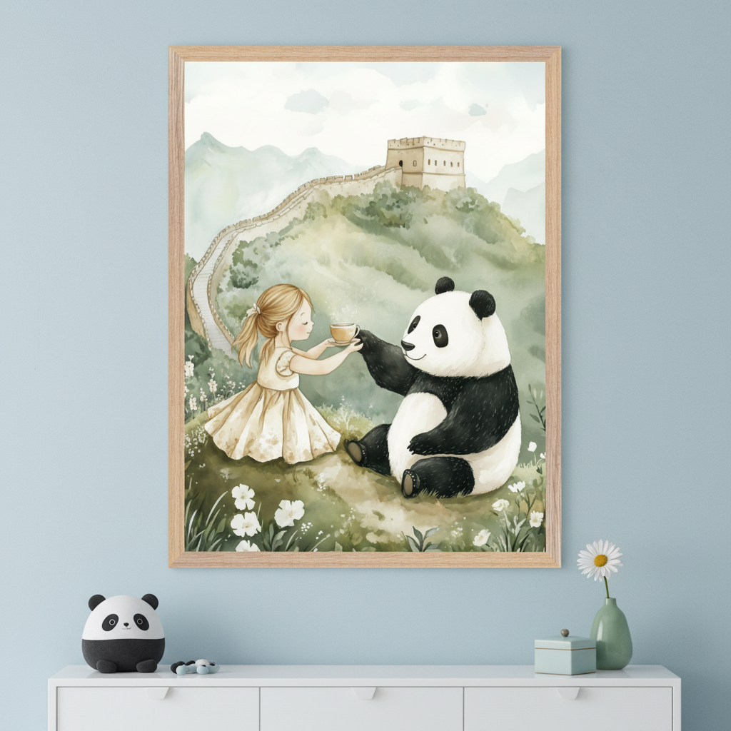 Light blue kid's room with a white dresser below. A wooden-framed watercolor painting of a girl serving tea to a panda by the Great Wall hangs centrally. A panda toy, blue box, and a daisy in a vase are on the dresser.