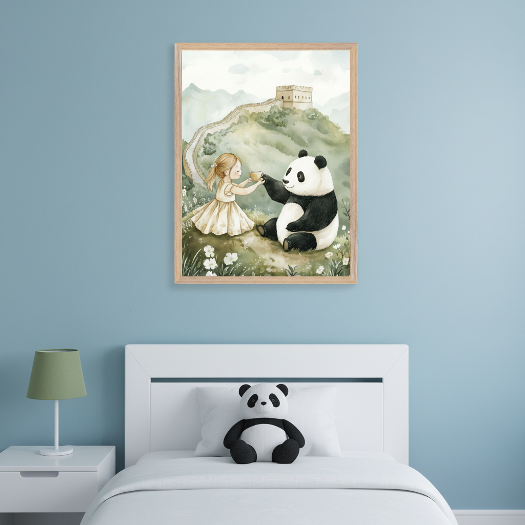 Kid's bedroom features a light wood bed and bedside table against a blue wall. A framed watercolor of a girl giving tea to a panda on a hill with the Great Wall in the background hangs above the bed. A panda plush and panda lamp are also present.