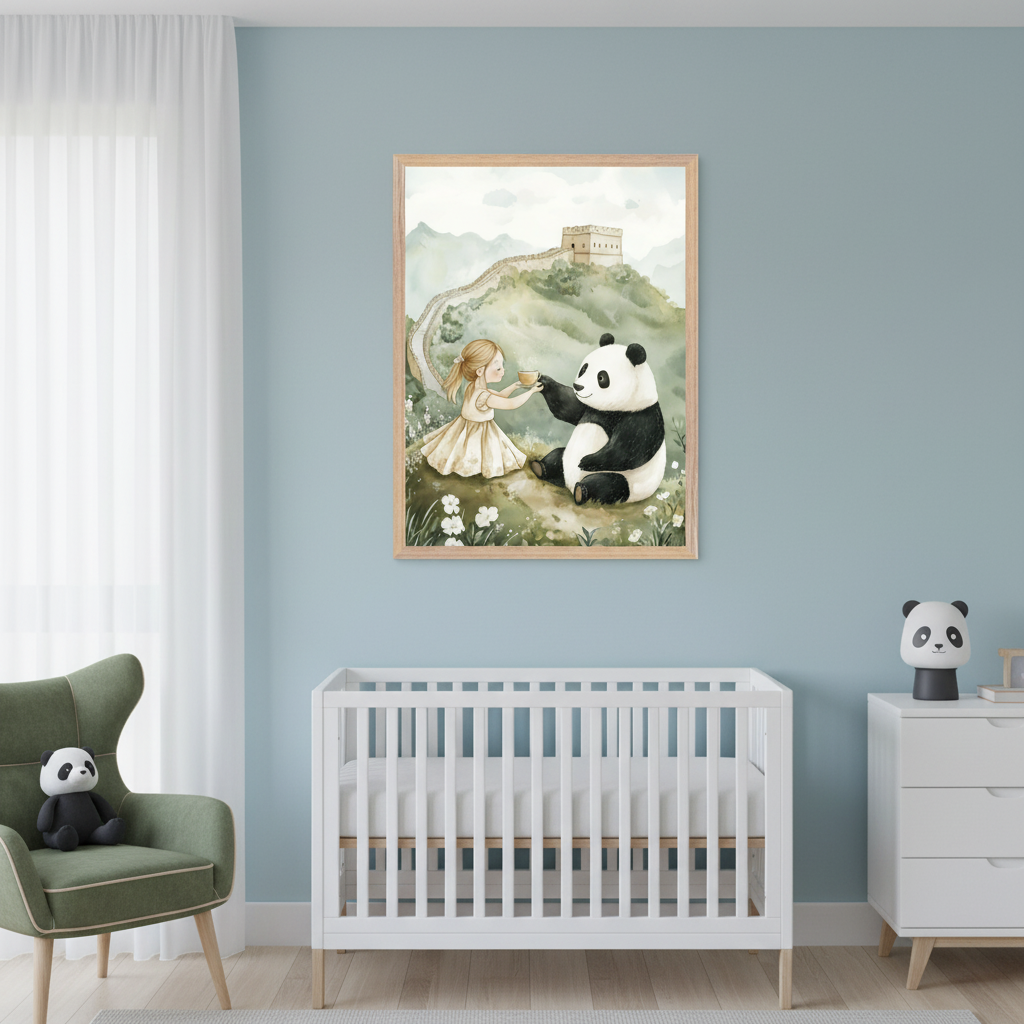 Modern nursery featuring a white crib and dresser, plus a green armchair. A framed watercolor painting showing a girl giving a cup to a panda, with the Great Wall in the background, hangs on the blue wall above the crib.