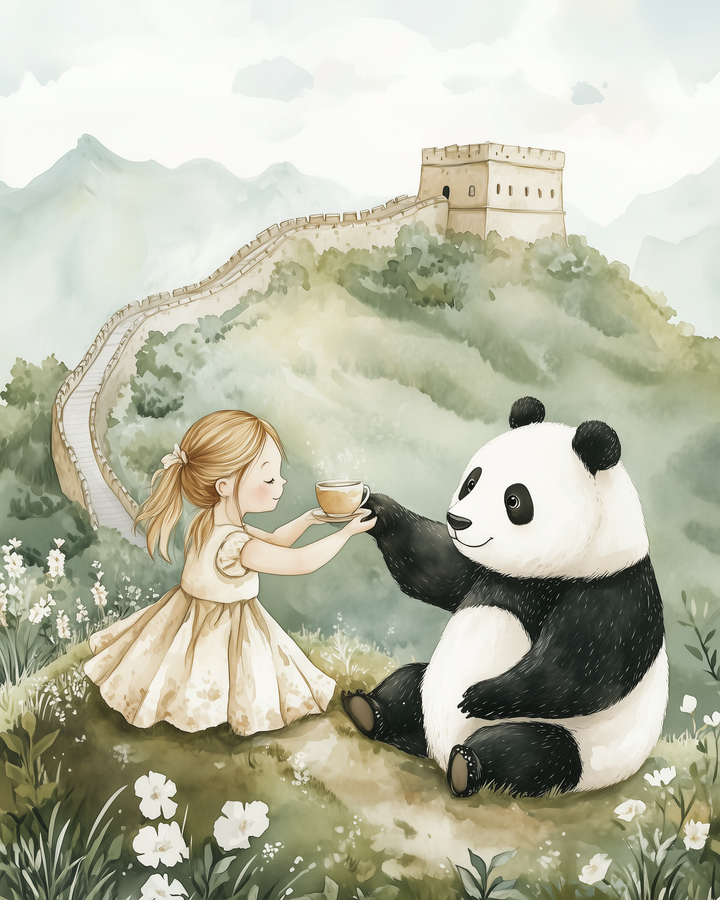 A little girl in a floral dress hands a teacup to a smiling panda as they sit in a flower-filled field with the Great Wall winding through the mountains behind them.

