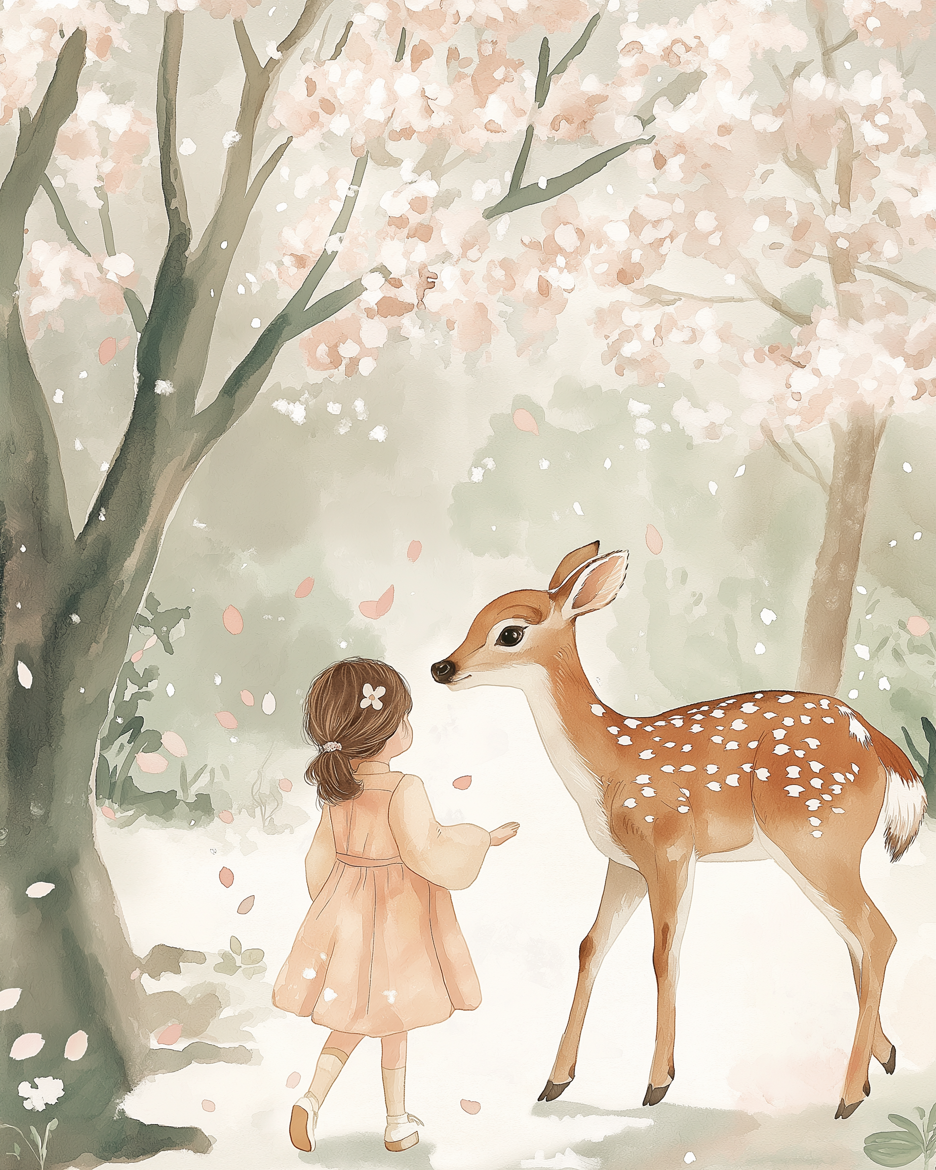 Soft watercolor image of a young girl in a peach dress standing beneath blooming cherry blossom trees, gently reaching out to a friendly fawn with white spots.
