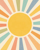  Vintage-style graphic of a large yellow sun centered in a radial burst of pastel-colored rays in pink, orange, blue, and green tones on a cream background.
