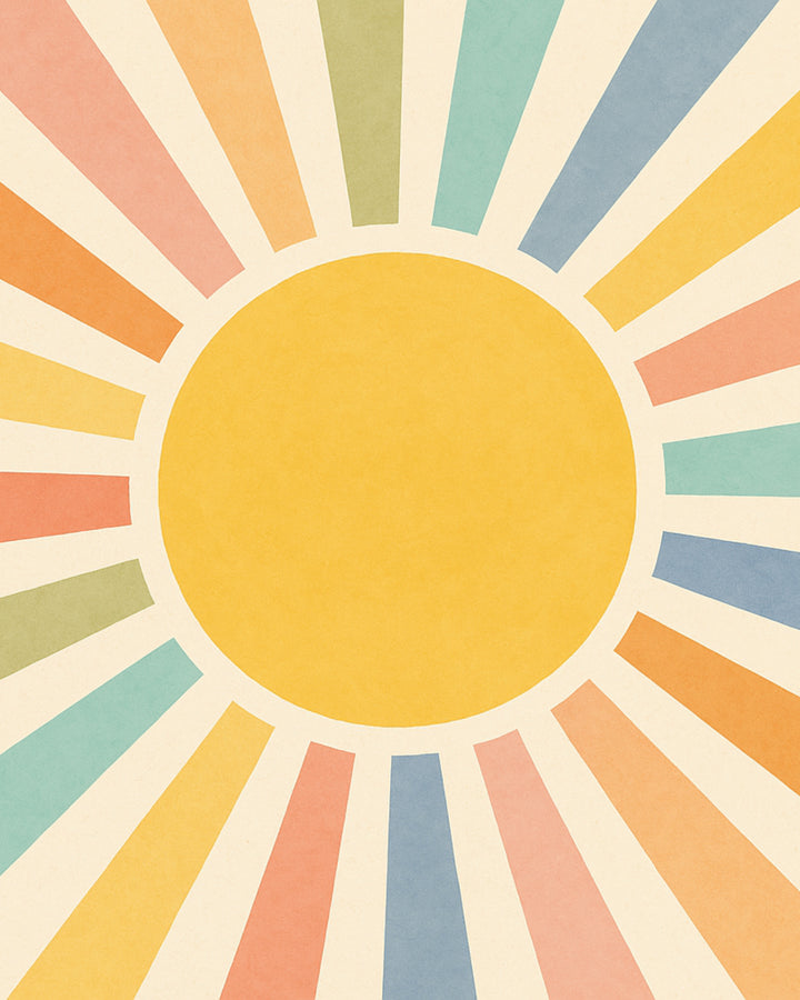  Vintage-style graphic of a large yellow sun centered in a radial burst of pastel-colored rays in pink, orange, blue, and green tones on a cream background.
