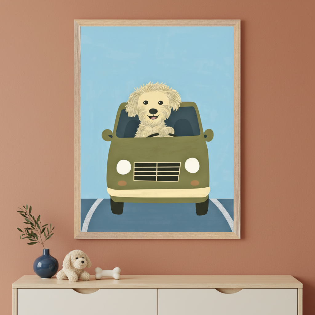 Modern kid's room with a light wood dresser. A large framed print of a cartoon fluffy dog driving an olive-green car hangs centrally above the dresser. A vase, plush dog, and bone toy are on the dresser.