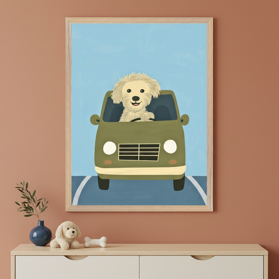 Modern kid's room with a light wood dresser. A large framed print of a cartoon fluffy dog driving an olive-green car hangs centrally above the dresser. A vase, plush dog, and bone toy are on the dresser.