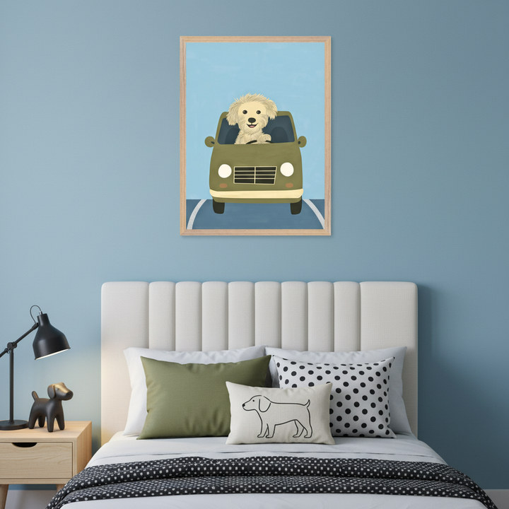 Modern kid's bedroom with a white bed and light wood nightstand. A framed illustration of a happy fluffy dog driving a green car is on the blue wall above the right side of the bed.