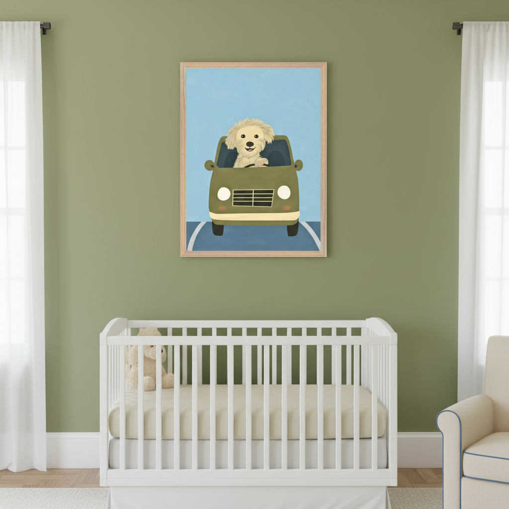 Nursery with sage green walls, white crib, and white curtains. A framed print of a fluffy yellow dog driving a green car on a blue road hangs above the crib. A light beige armchair is to the right.