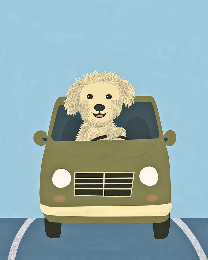 Lighthearted illustration of a fluffy dog behind the wheel of an olive green van, smiling as it drives down a curved road with a blue sky in the background.
