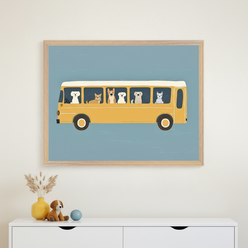 Modern room with a white dresser. A framed print of a cartoon-style yellow bus carrying six dogs, against a blue background, hangs centered above the dresser. A yellow vase, stuffed dog, and blue ball are on the dresser.