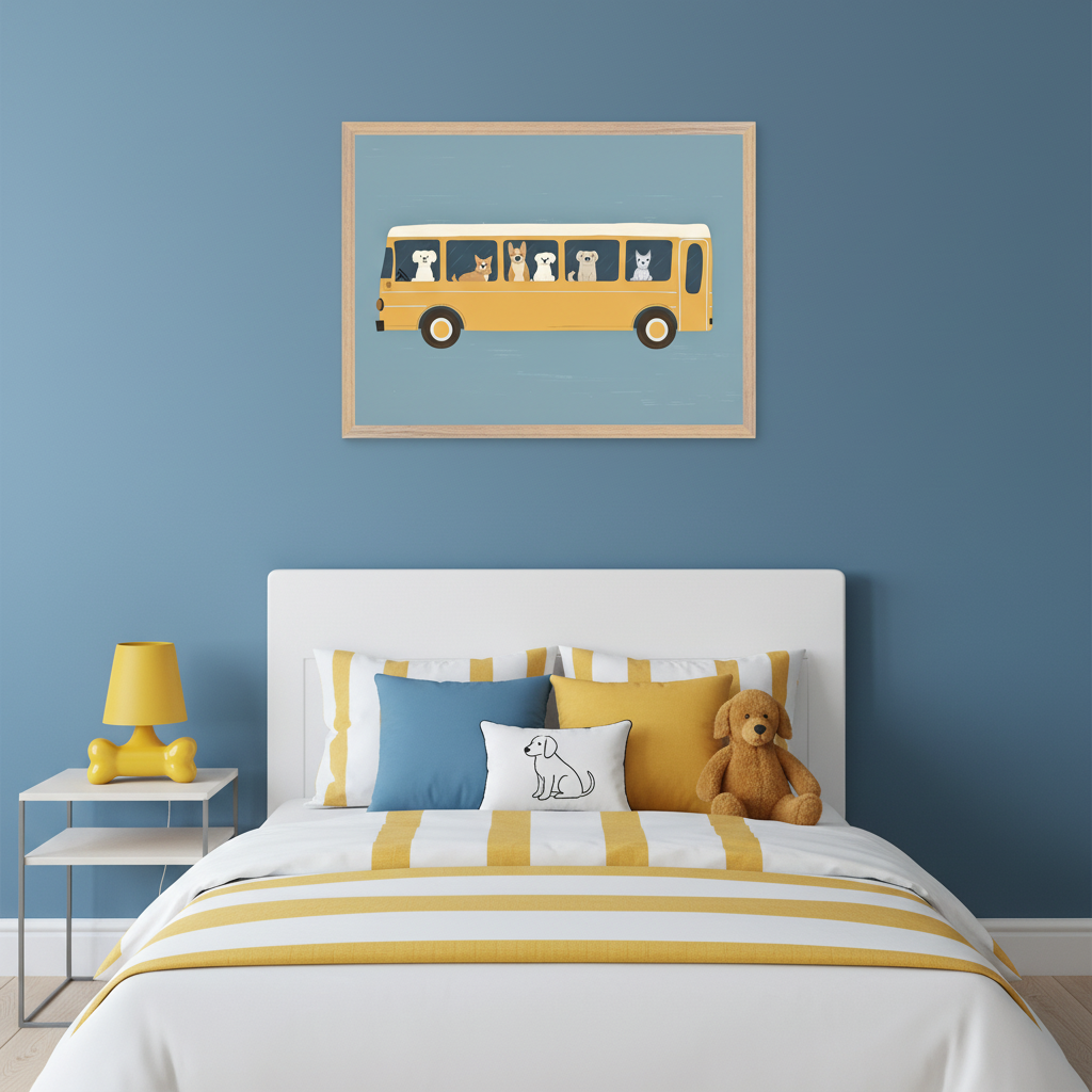 Kid's bedroom with a bed with white and yellow striped bedding and a white headboard. A light wood framed print of cartoon dogs in a yellow school bus on a blue background hangs above the bed. A white nightstand with a yellow bone lamp is next to the bed.