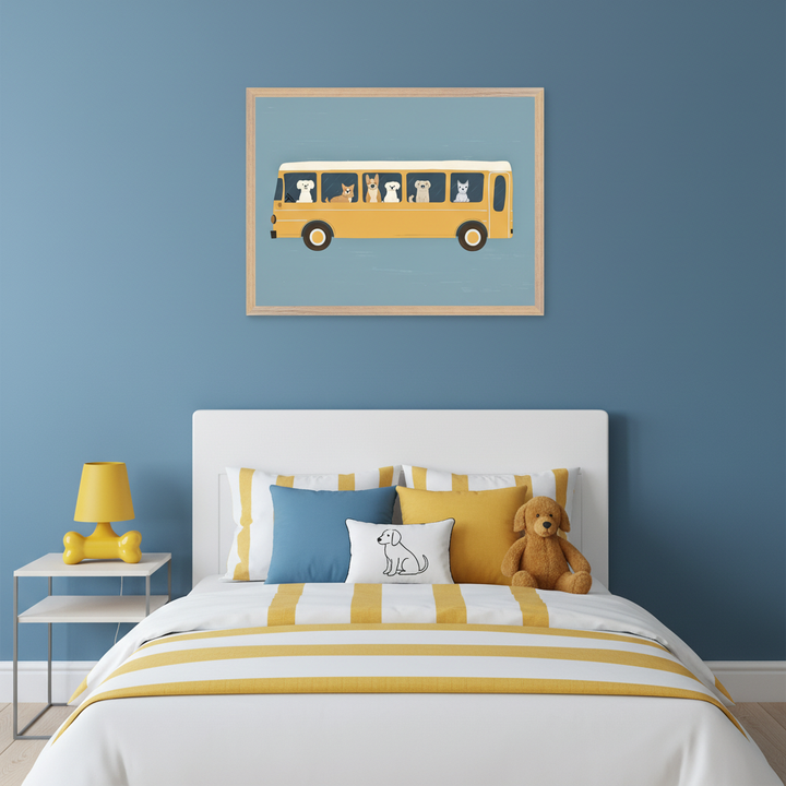 Kid's bedroom with a bed with white and yellow striped bedding and a white headboard. A light wood framed print of cartoon dogs in a yellow school bus on a blue background hangs above the bed. A white nightstand with a yellow bone lamp is next to the bed.