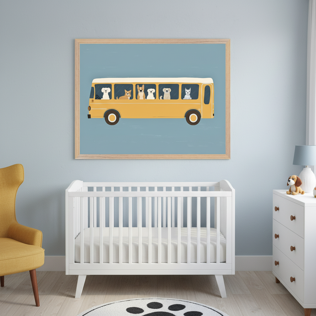 Modern nursery with a white crib, yellow armchair, and white dresser. A large wood-framed picture of a yellow cartoon bus filled with dogs and a cat is centered above the crib.