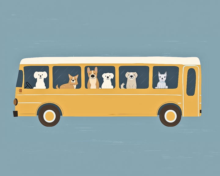 Cute image of a yellow school bus filled with animals, including several dogs and a cat, each looking out a window against a soft blue background.
