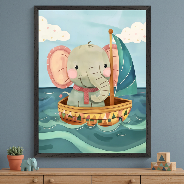 Kid's room with a light wood dresser against a blue wall. A black-framed watercolor illustration of a baby elephant in a sailboat on the ocean hangs above the dresser.Kid's room with a light wood dresser against a blue wall. A black-framed watercolor illustration of a baby elephant in a sailboat on the ocean hangs above the dresser.