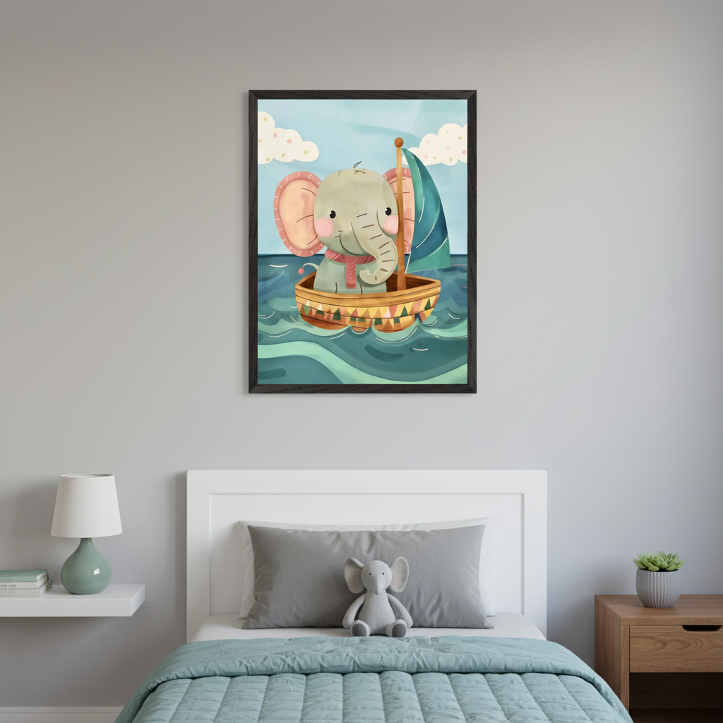 Kid's bedroom with a white bed, elephant plush, and a wooden nightstand. A framed watercolor print of a cartoon baby elephant in a sailboat on blue water hangs centrally above the bed.
