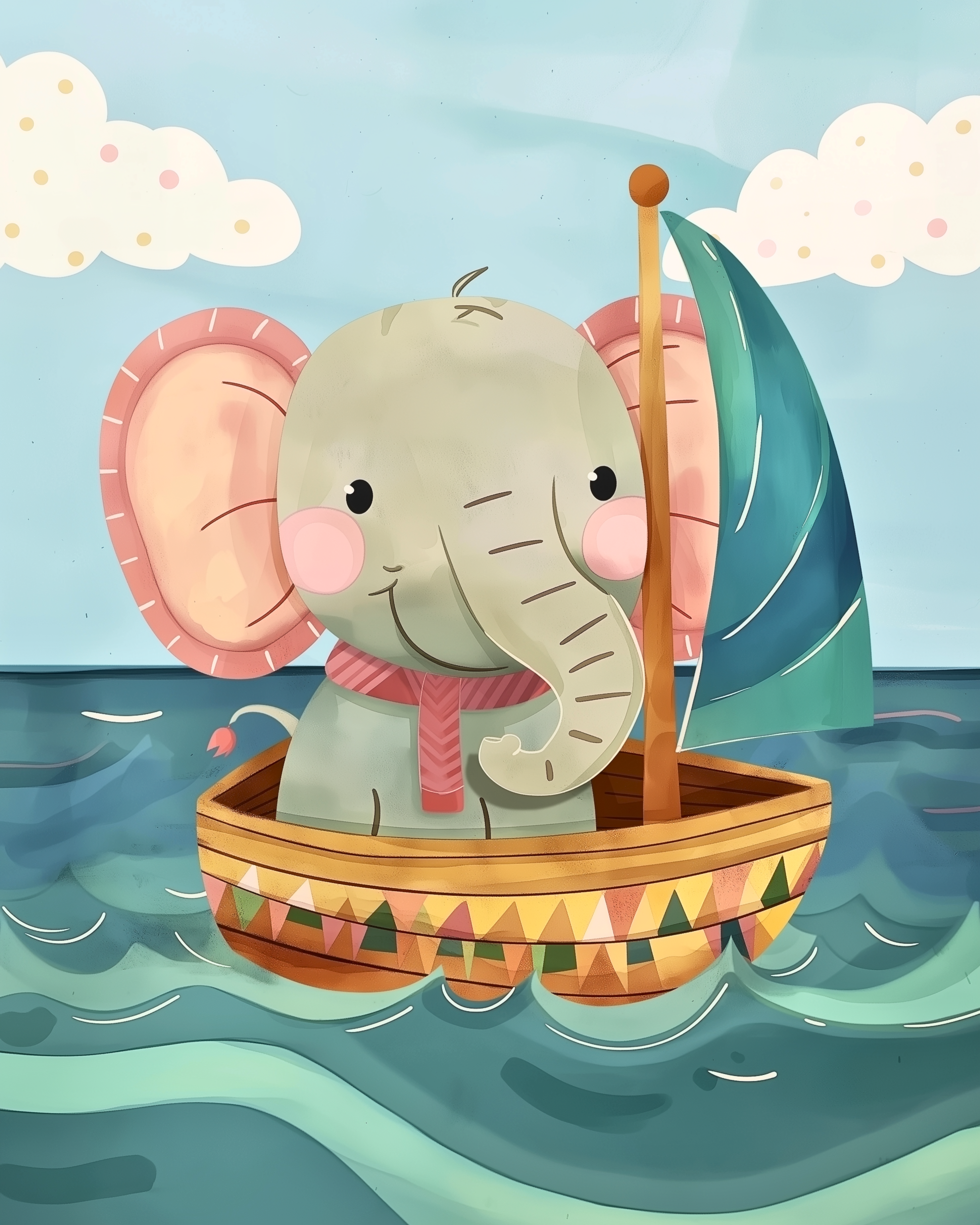 Whimsical illustration of a cute baby elephant wearing a red scarf, sailing in a wooden boat decorated with colorful triangle bunting and a teal sail, floating on gentle ocean waves under a blue sky with clouds.

