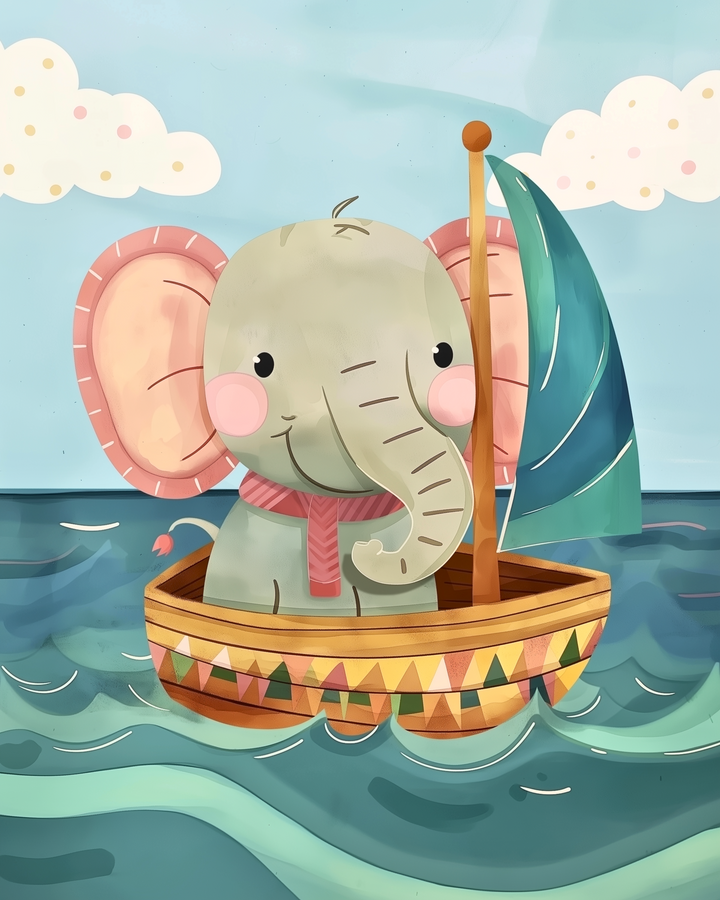 Whimsical illustration of a cute baby elephant wearing a red scarf, sailing in a wooden boat decorated with colorful triangle bunting and a teal sail, floating on gentle ocean waves under a blue sky with clouds.
