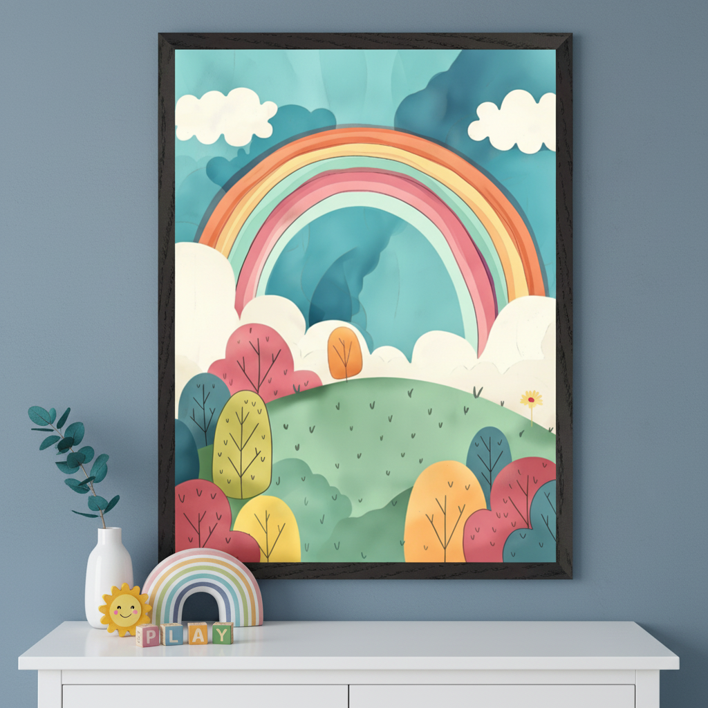 Kid's room with a blue wall and white dresser. A large black-framed print of a whimsical, colorful landscape with a rainbow, clouds, and stylized trees hangs centered above the dresser. A plant, sun toy, wooden rainbow, and "PLAY" blocks sit on the dresser.