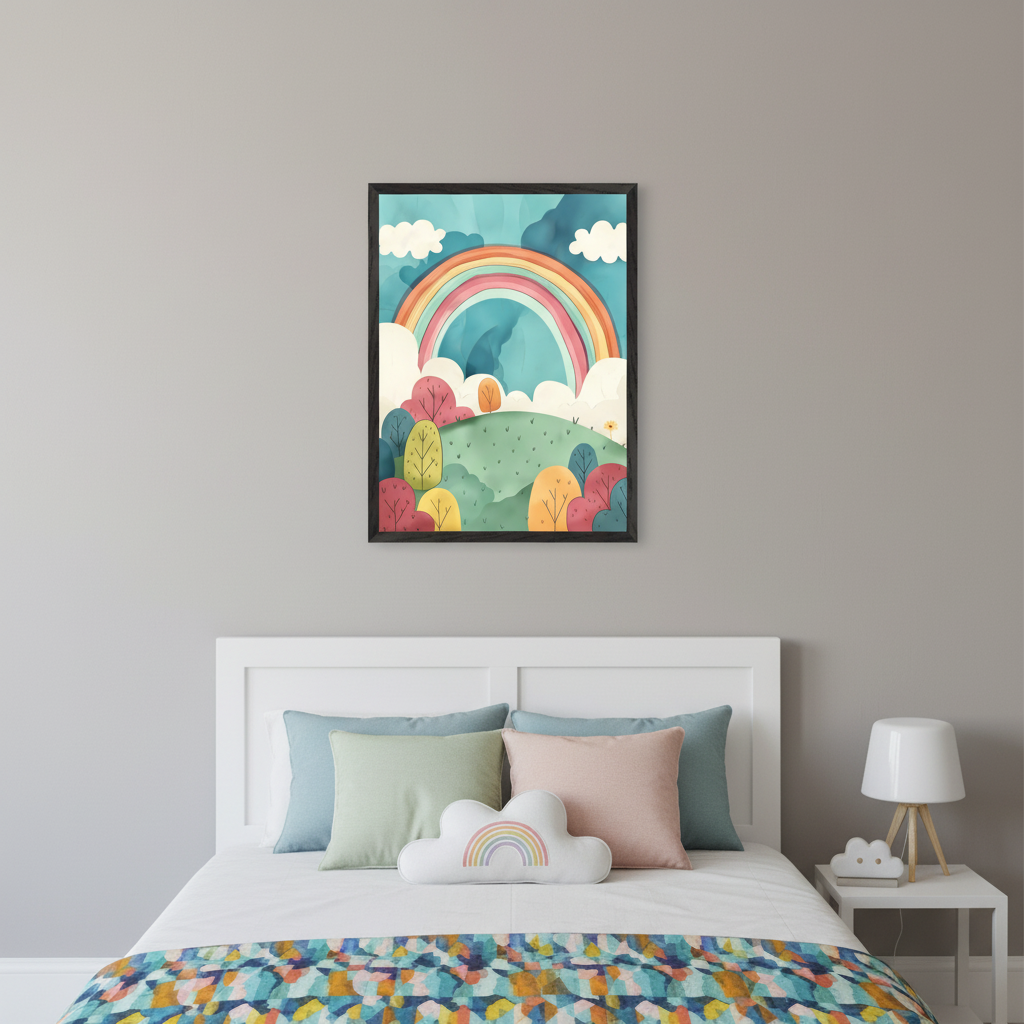 Kid's bedroom with a white bed, colorful pillows, and a rainbow cloud pillow. A framed print of a colorful rainbow over green hills with stylized trees and clouds, in an illustration style, hangs centered above the bed. A nightstand with a lamp is on the right.