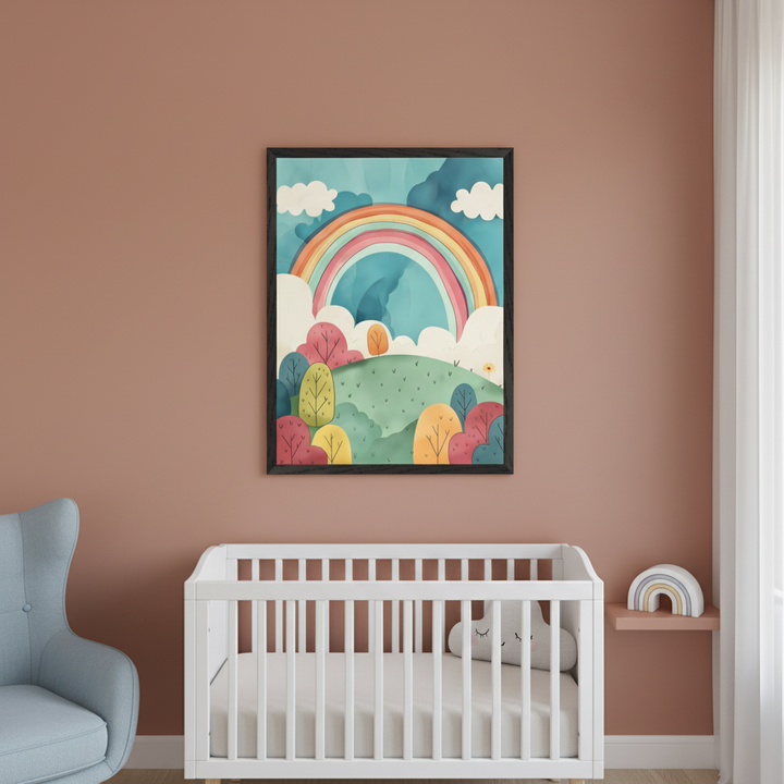 Modern nursery with a white crib and light blue armchair. A framed watercolor-style print depicting a rainbow, green hills, colorful trees, and clouds hangs centered above the crib.