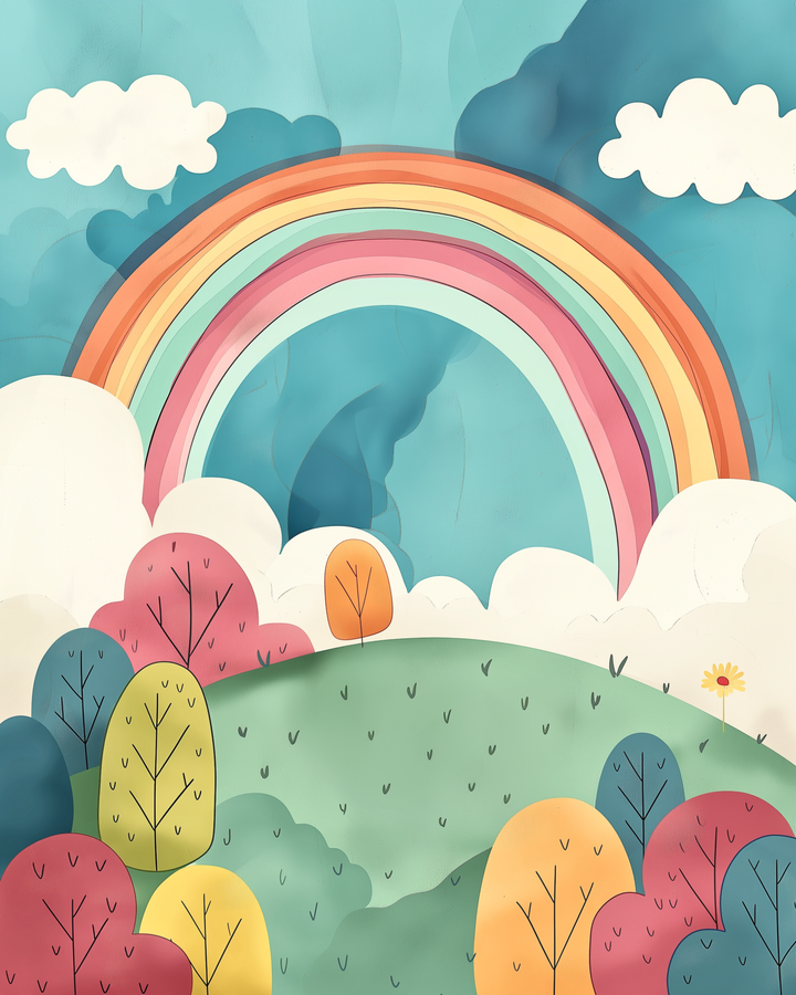  Bright and dreamy scene of a multi-colored rainbow arching over a grassy hill with whimsical pastel trees and fluffy white clouds against a teal sky.
