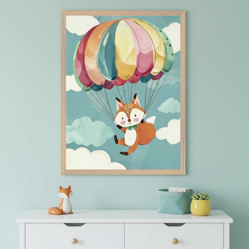 Modern nursery with a white dresser against a light blue wall. A large framed illustration of a fox flying with a colorful parachute hangs centered above the dresser.