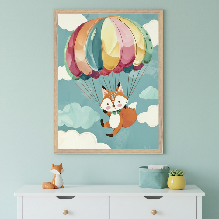Modern nursery with a white dresser against a light blue wall. A large framed illustration of a fox flying with a colorful parachute hangs centered above the dresser.