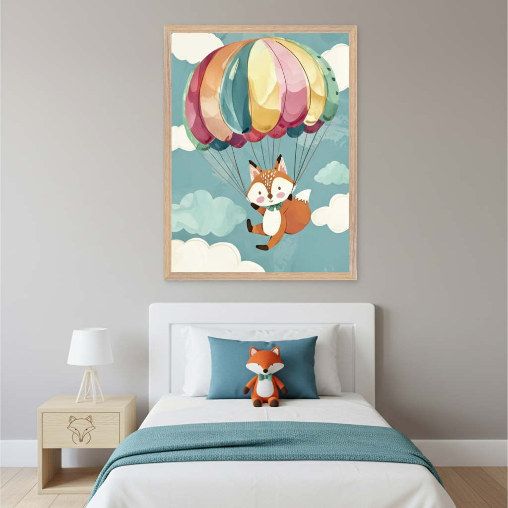 Kid's bedroom with a white single bed and a wooden nightstand. A large framed watercolor print depicting a fox hanging from a colorful parachute in a cloudy sky hangs centered above the bed.