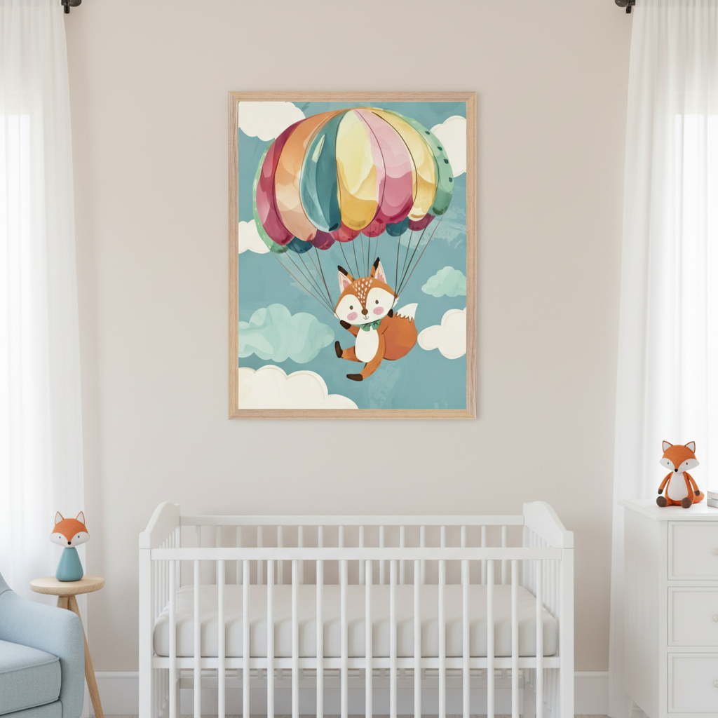 Modern nursery with a white crib. A framed watercolor-style print of a cartoon fox parachuting with a colorful parachute among clouds hangs centered above the crib. A white dresser with a fox plush is to the right, and a blue armchair with a fox figurine on a side table is to the left.