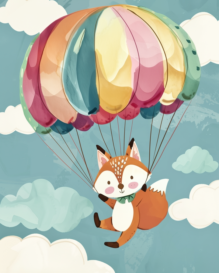  Playful illustration of a smiling fox floating through the sky using a large rainbow-colored parachute, surrounded by soft clouds.
