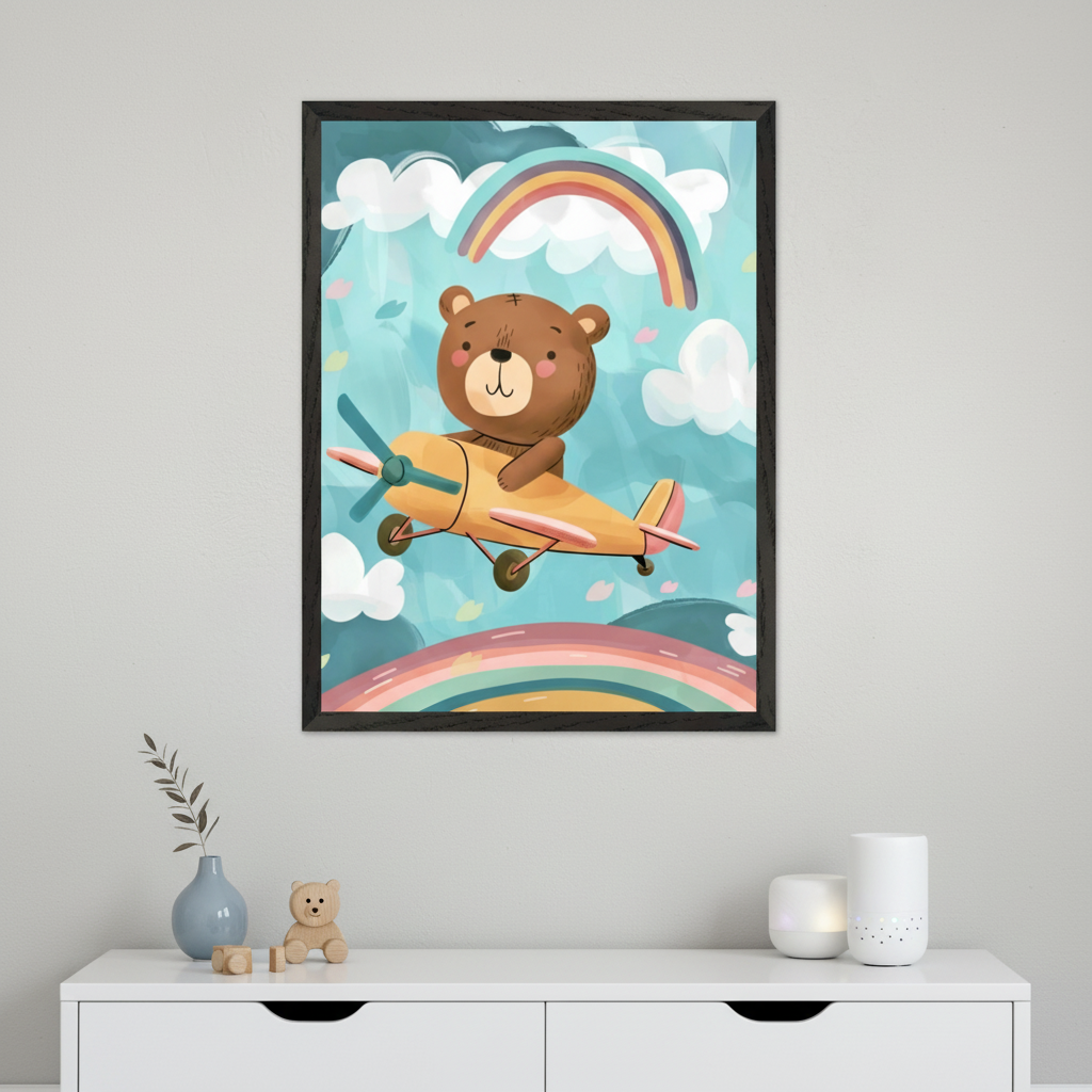 Child's room with a white dresser. A large black-framed watercolor illustration of a cartoon bear flying a yellow biplane amidst rainbows and clouds hangs above the dresser.