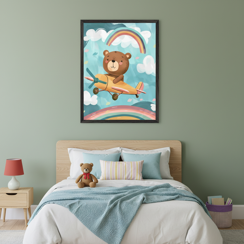 Kid's bedroom with a light wood bed, white bedding, blue blanket, and pillows. A brown teddy bear sits on the bed, and a nightstand with a red lamp is to the left. A framed wall art hangs centered above the bed, depicting a cartoon brown bear in a yellow airplane flying among clouds and rainbows.