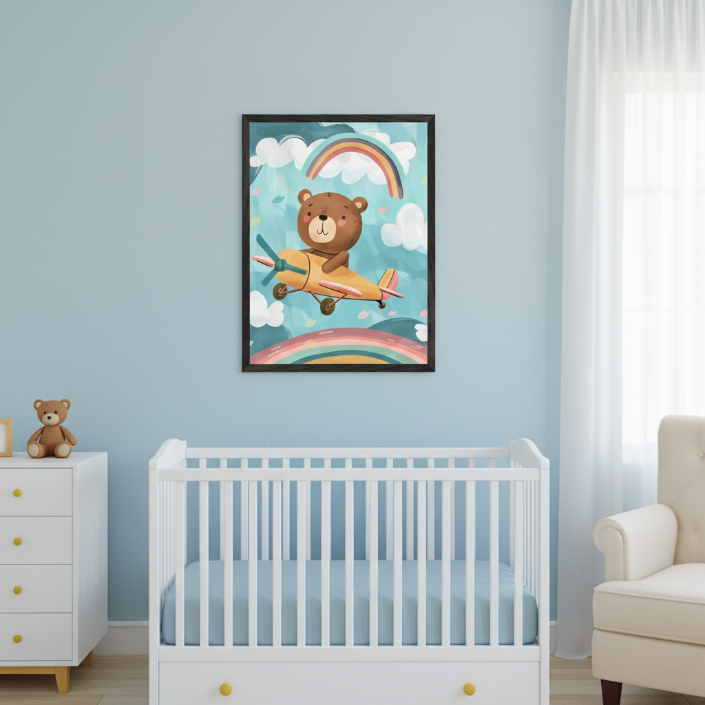Modern nursery with light blue walls, a white crib, white dresser, and cream armchair. Centered above the crib hangs a framed cartoon illustration of a brown bear flying a yellow airplane through clouds with two rainbows.