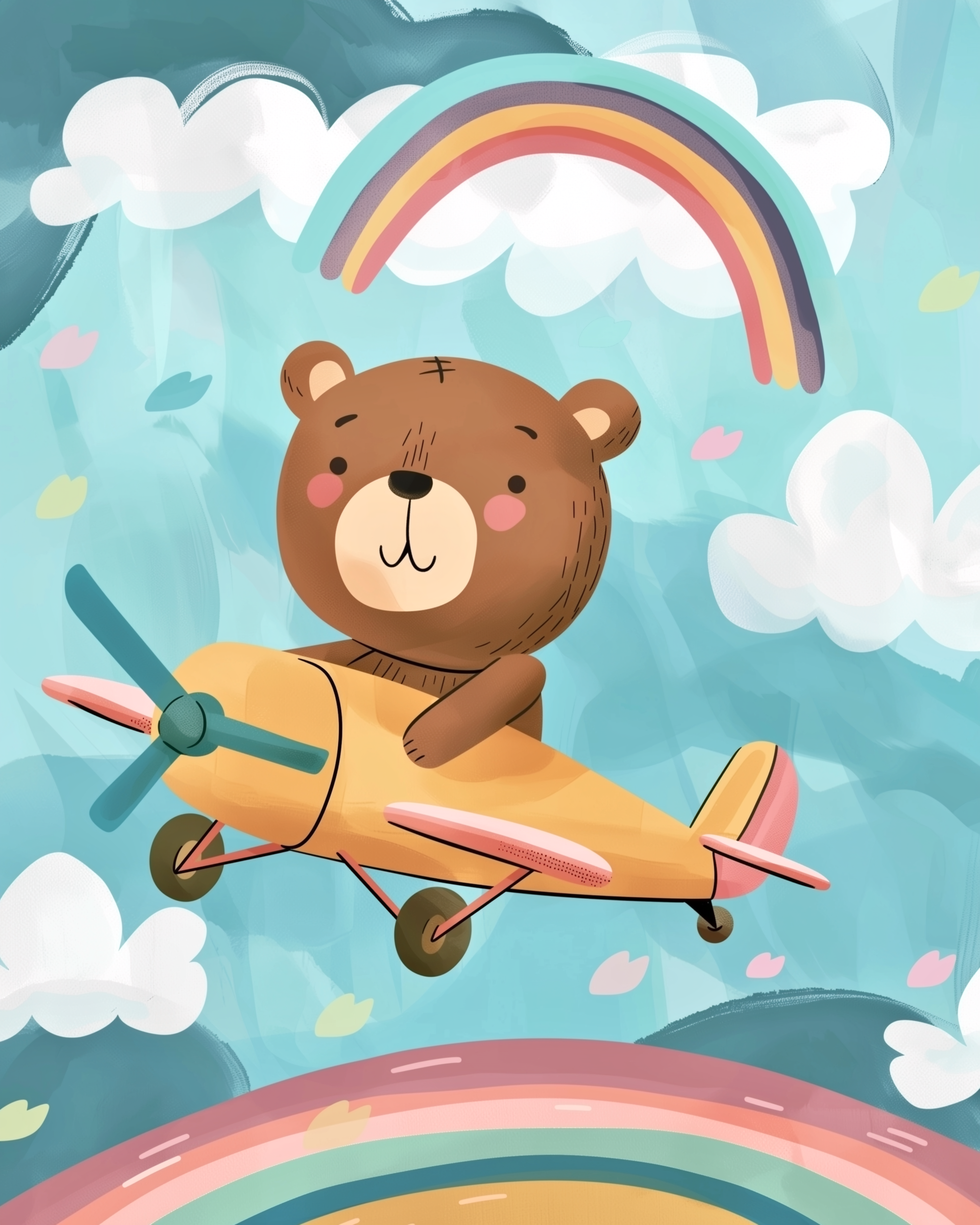 Adorable drawing of a brown bear piloting a yellow toy airplane through a bright sky filled with white clouds, petals, and twin rainbows