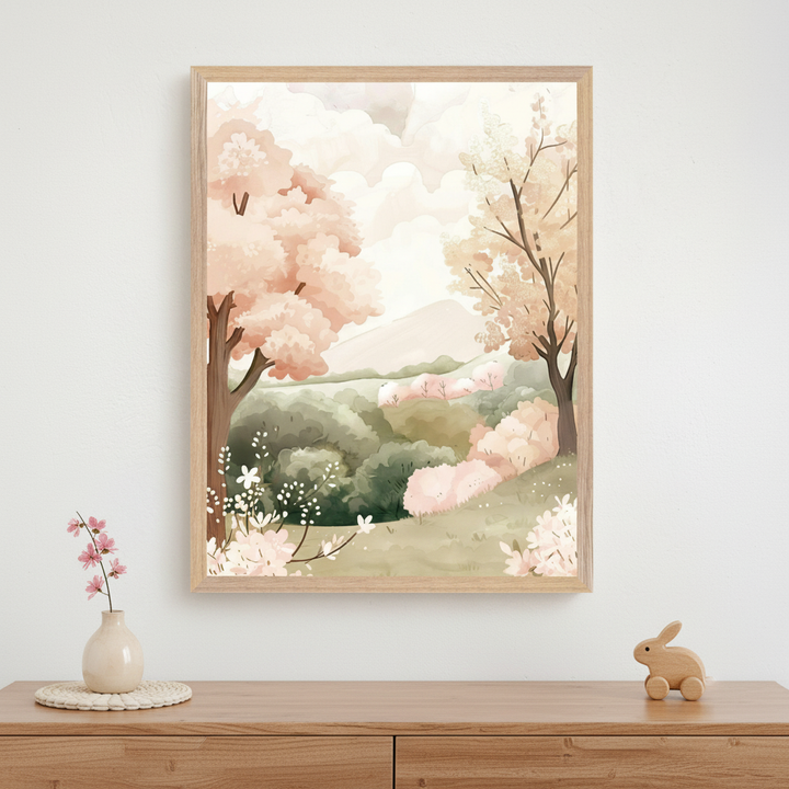 Kid's bedroom features a white bed with a nightstand. A large framed watercolor landscape of pink blossoming trees and green hills hangs centered above the bed.