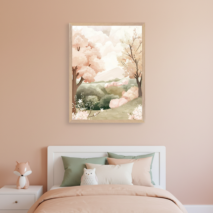 Kid's bedroom with a white headboard bed and peach bedding. A white nightstand with a fox figurine is to the left. A framed watercolor landscape painting with pink blossom trees, green hills, and a cloudy sky hangs above the bed.