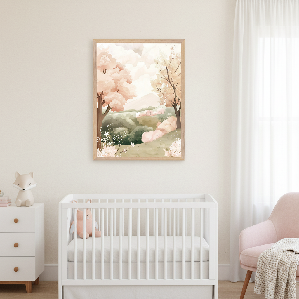 Modern nursery with a white crib and dresser. A framed watercolor painting of a spring landscape with pink blossoming trees, green hills, and white flowers hangs on the wall above the crib. A pink armchair is on the right.
