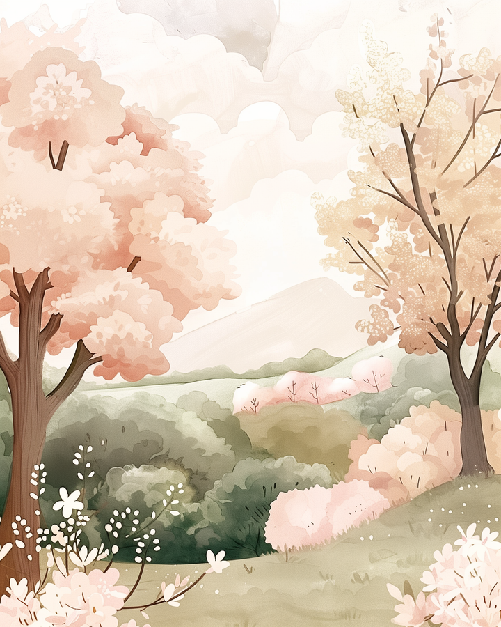 Soft watercolor-style landscape featuring blooming cherry blossom trees, pastel foliage, and distant rolling hills beneath a cloudy sky.
