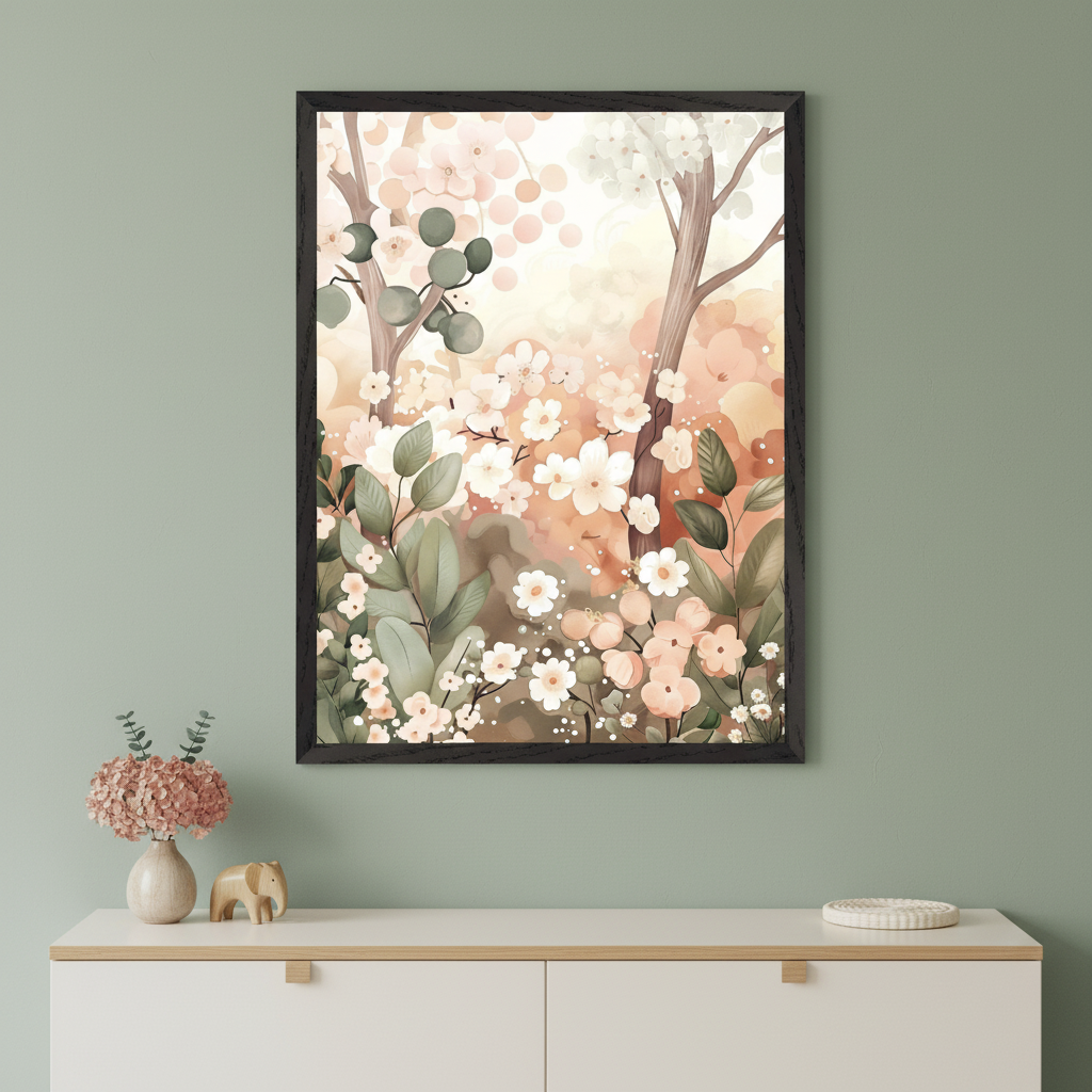 Modern room with a white dresser. A black-framed painterly artwork of a spring forest with trees, many pink and white blossoms, and green leaves hangs centered above the dresser. A vase and a wooden elephant are on the dresser.