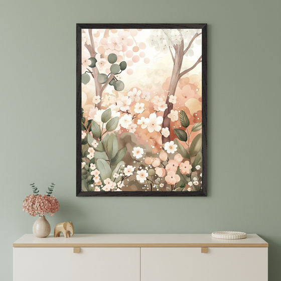 Modern room with a white dresser. A black-framed painterly artwork of a spring forest with trees, many pink and white blossoms, and green leaves hangs centered above the dresser. A vase and a wooden elephant are on the dresser.