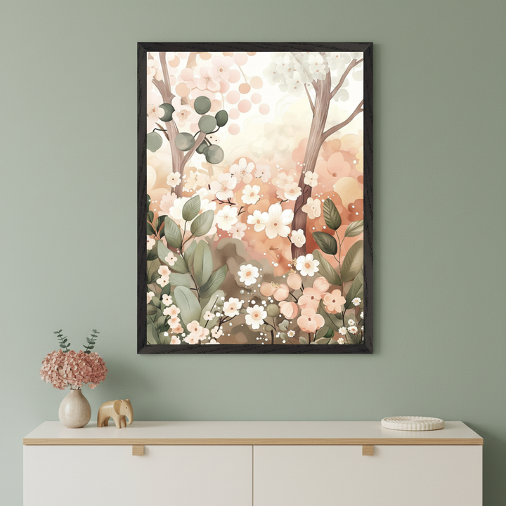 Modern room with a white dresser. A black-framed painterly artwork of a spring forest with trees, many pink and white blossoms, and green leaves hangs centered above the dresser. A vase and a wooden elephant are on the dresser.