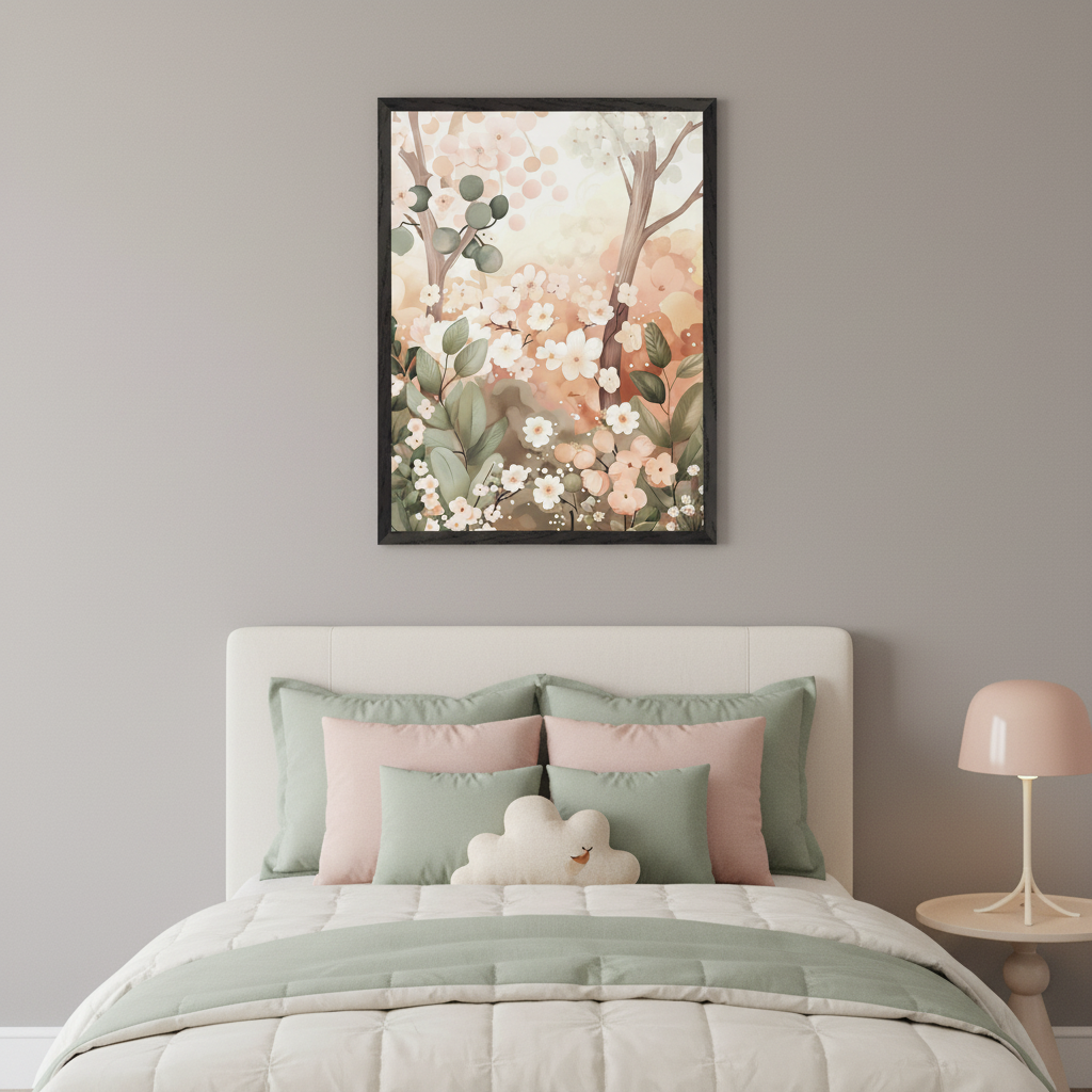 Serene bedroom with a white bed and light green and pink bedding. A vertical framed painting of a whimsical forest with cherry blossoms and trees in a soft art style hangs above the bed. A pink lamp is on a side table.