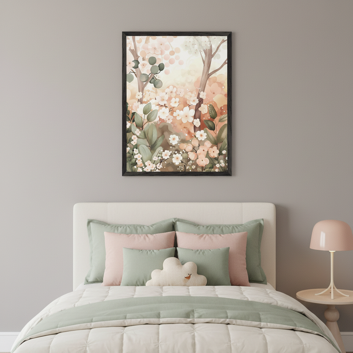 Serene bedroom with a white bed and light green and pink bedding. A vertical framed painting of a whimsical forest with cherry blossoms and trees in a soft art style hangs above the bed. A pink lamp is on a side table.